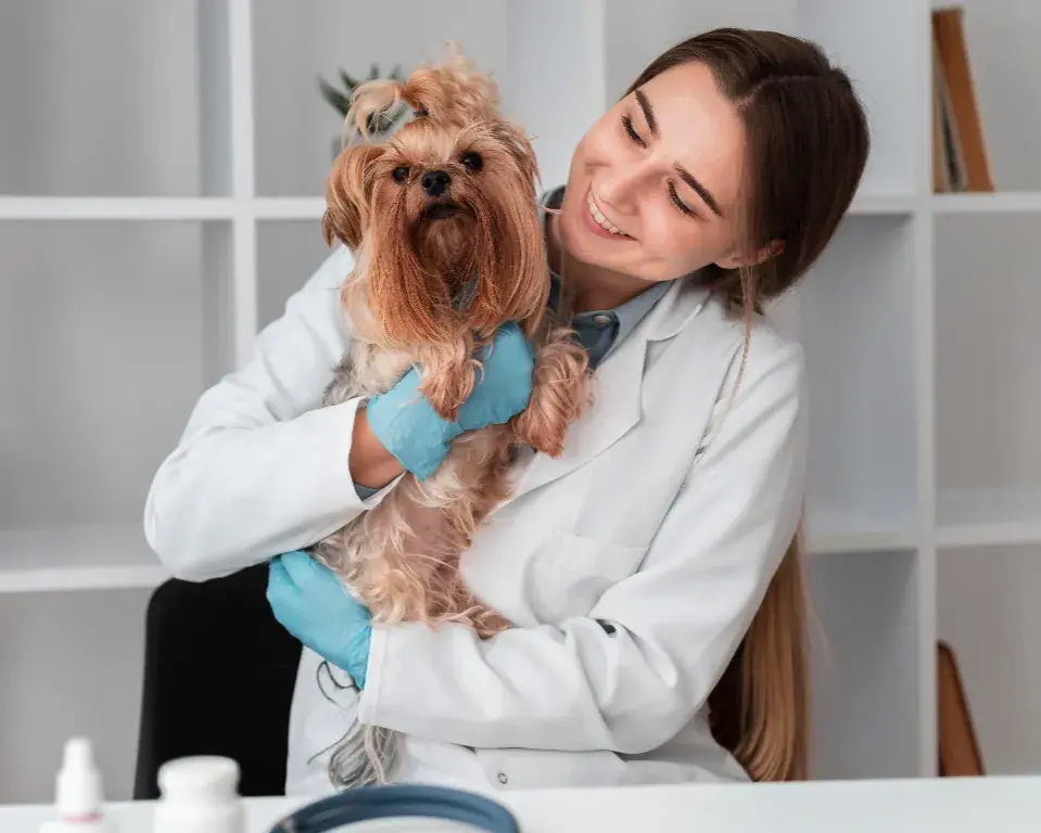Veterinarian gently holding a small dog at Grants Pass Community Vet Clinic continuing a legacy of compassionate veterinary care in Grants Pass Oregon